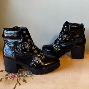 Truffle Black Patent Faux Leather Grommet Strap Goth Rock Boots